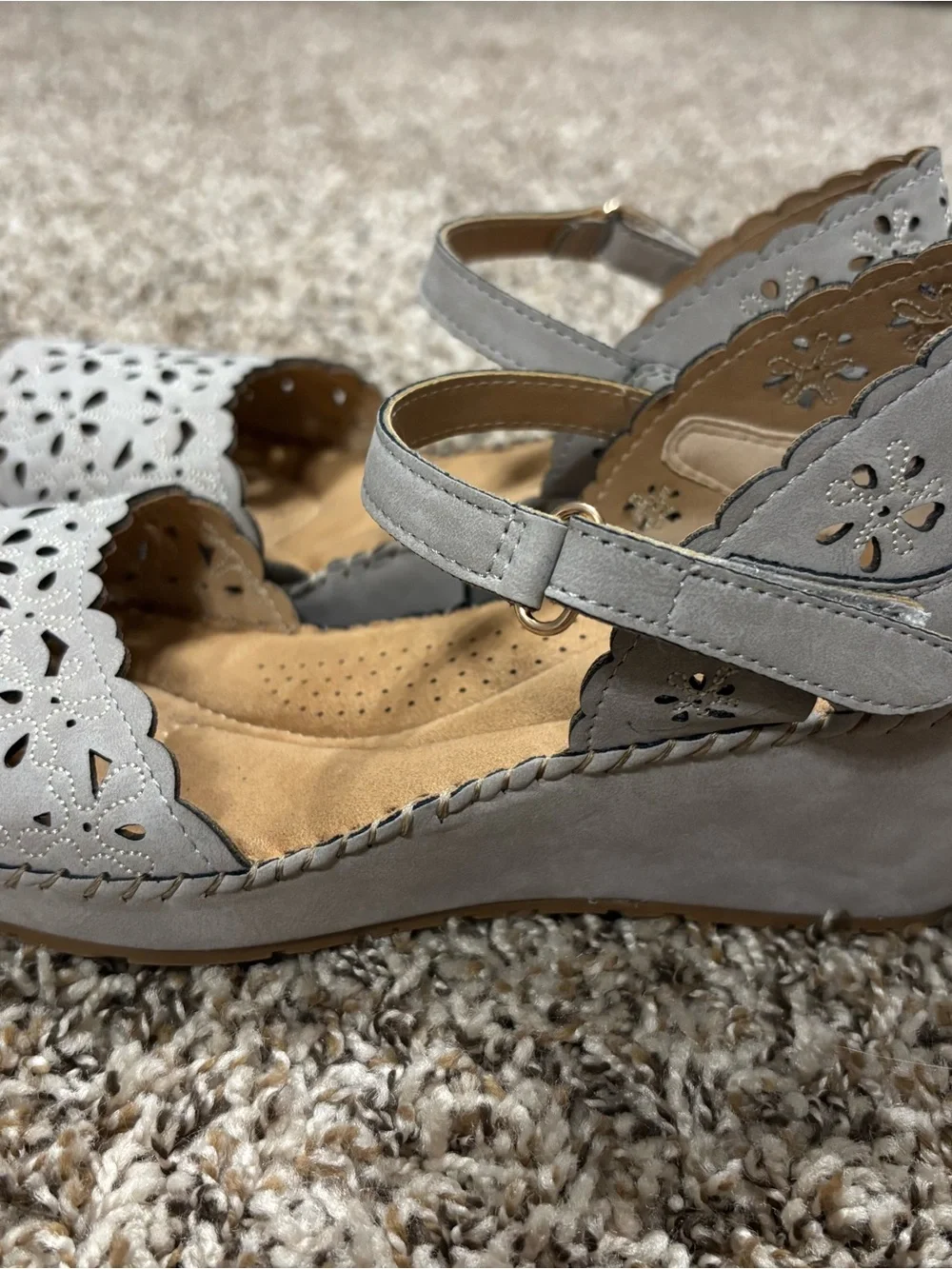 Patrizia Khaki Leather Cut-Out Floral Ankle Strap Buckle Wedge Sandals US 8 NWOT